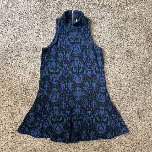 Free People Shift Dress Womens XS Blue Textured Print Amelia Knit Mock Neck Mini - Picture 5 of 13